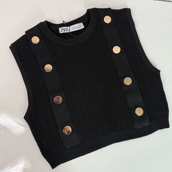 NEW ZARA S Black Sleeveless Crop Top Knit Vest Gold Button Accents Small NWT - Picture 14 of 15